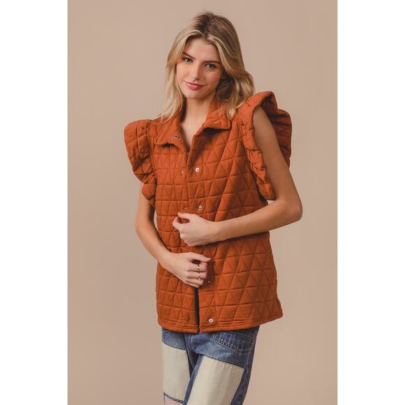 BiBi Diamond Print Ruffle Sleeves Pocket Oversized Quilted Vest Jacket | Rust - Picture 6 of 7